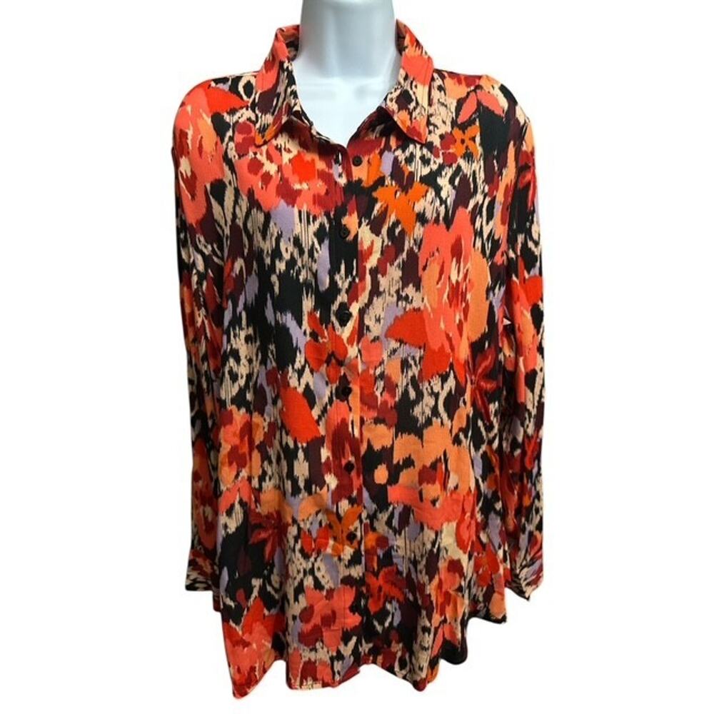 Liverpool 1X Top Rayon Button Up Mod Burnt Orange Floral Lightweight Long Sleeve - Picture 6 of 6